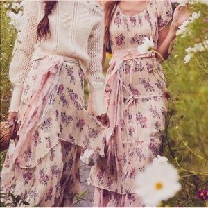 LoveShackFancy Silk Pink Floral Roses & Bows  Dress